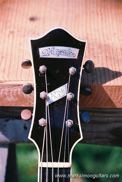 R1-02043-012A.jpg - There were no known photographed examples of this particular model even though John D'Angelico produced an amazing quantity of sixty guitars in 1942. Many of these were Style A, A-1, Style B, and Specials; all similar and yet all very different. Even searching previous and later years in the ledgers failed to locate an exact match. Through some more research, I found a similar example from a mandolin that matched the logo with this particular outline for the D'Angelico script.